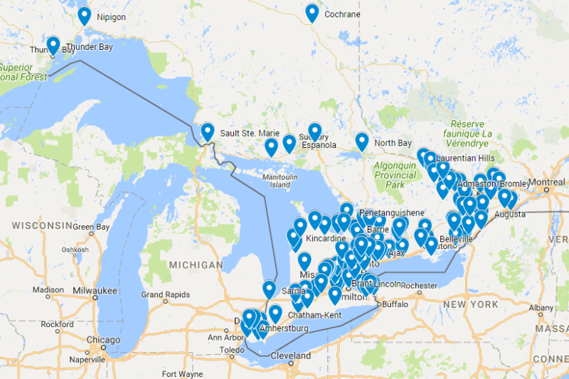 Map of new cycling investments in Ontario