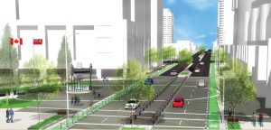A rendering of Yonge Street as proposed in Transform Yonge with wider sidewalks, bike lanes and reduced number of vehicular lanes.