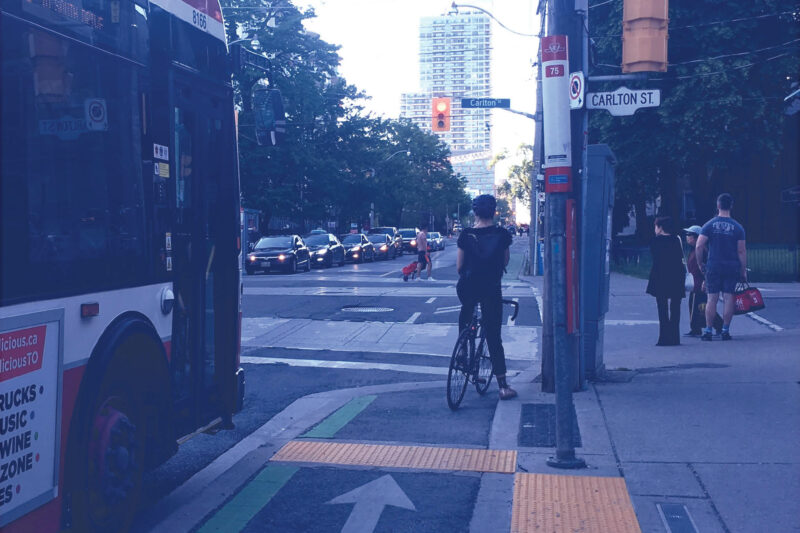 A bus beside a bike lane