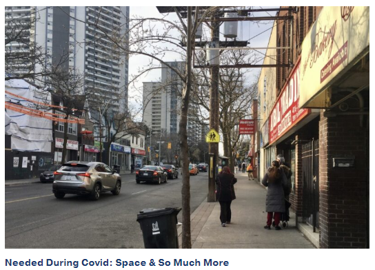 Picture of crowded sidewalk in Toronto with blog title: Needed during covid: space and so much more