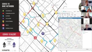 Screenshot of webinar with map of Brampton Covid 19 Bike Network and presenters' headshots